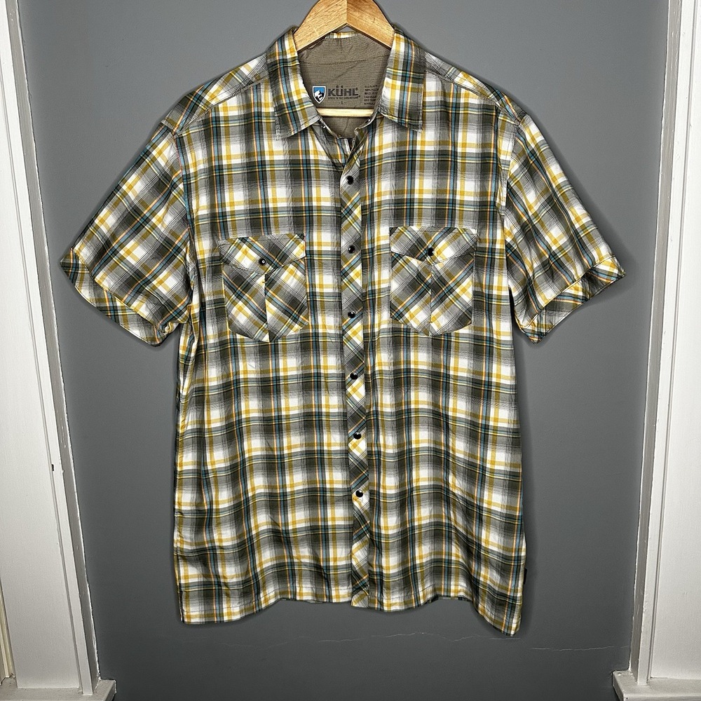 Kuhl Mens Shirt Eluxur Short Sleeve Pearl Snap Button Down Plaid‎ Large